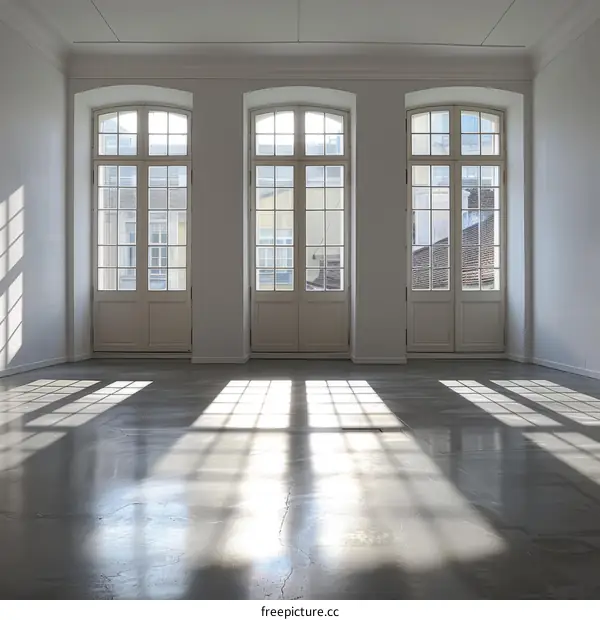 Bright empty room with three big windows