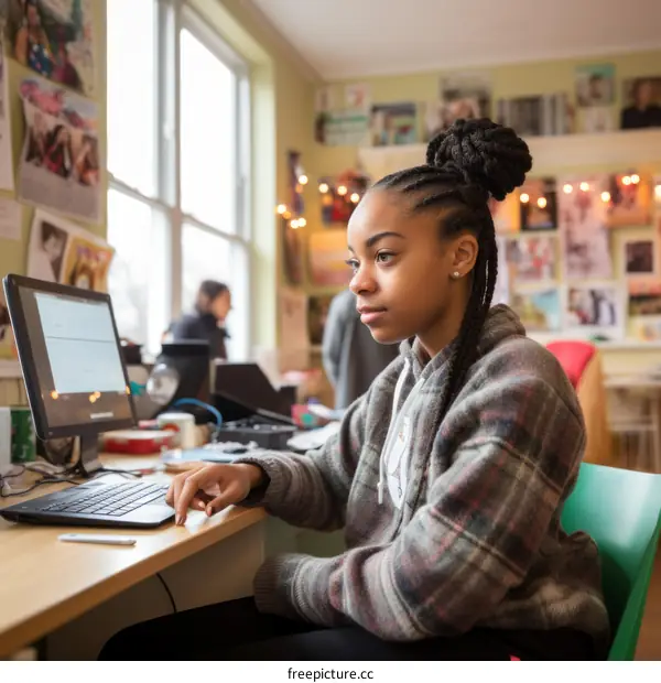 Young black woman using laptop in office