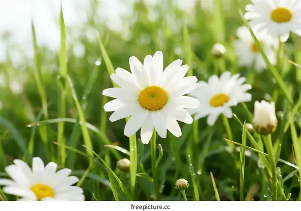 White daisies blooming in green grass under sunlight