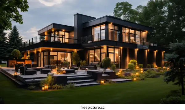 Black exterior house with large windows and a modern design