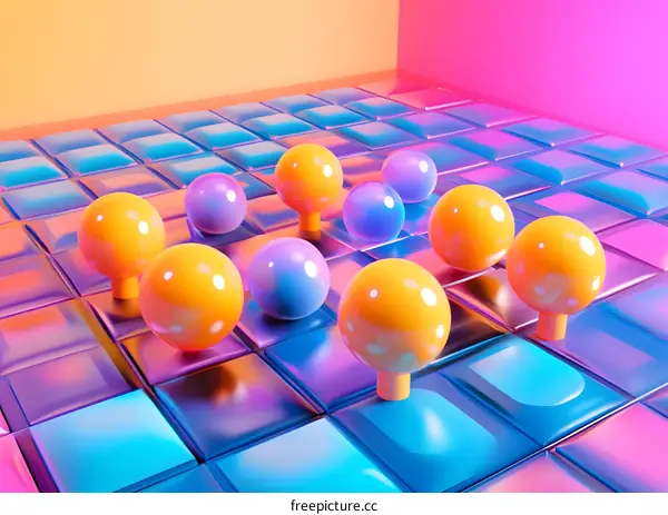 Abstract 3D Render of Colorful Spheres on a Grid Pattern Background