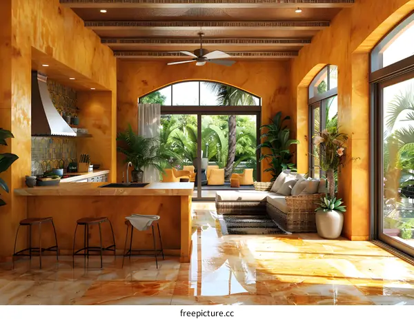 Tropical Kitchen and Living Room Interior Design