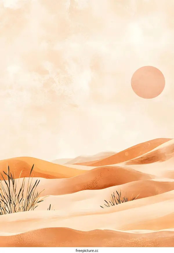 Minimalist Desert Landscape Illustration with Sun and Grass