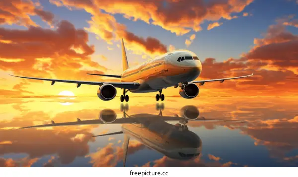 airplane flying over the sea at sunset