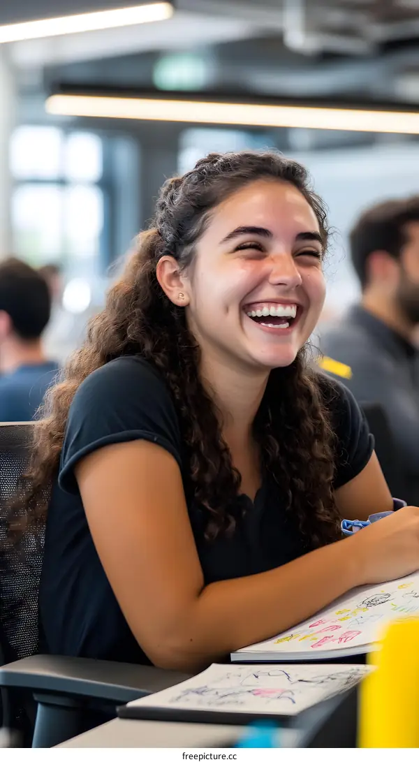 Smiling Woman With Curly Hair Sitting In Office
