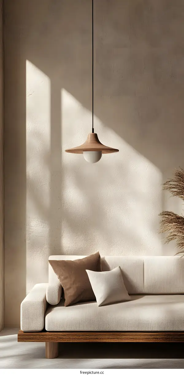 Minimalist Living Room Interior Design with Wooden Pendant Lamp and Sofa