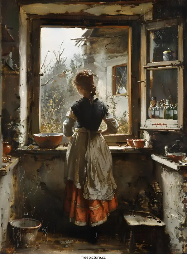 A Young Woman Looking Out of a Window in a Rustic Kitchen
