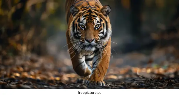 A fierce tiger is walking in the forest