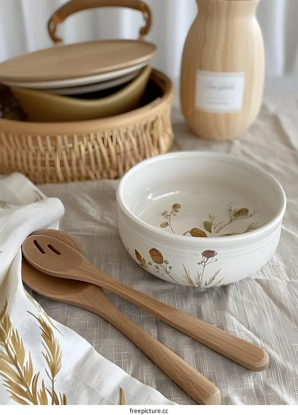White Ceramic Bowl with Floral Pattern and Wooden Spoons