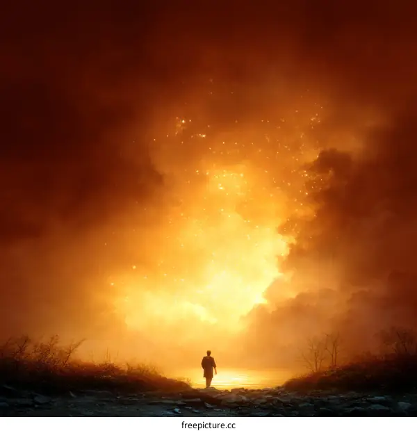 A solitary figure faces a blazing celestial event