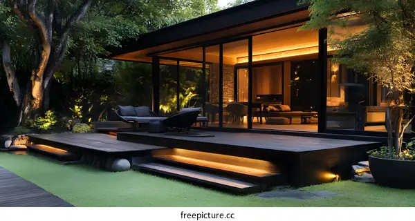 Modern Outdoor Patio with Wooden Deck and Steps