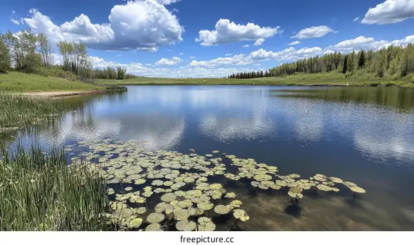 Serene Lakeside Pond Under a Clear Sky