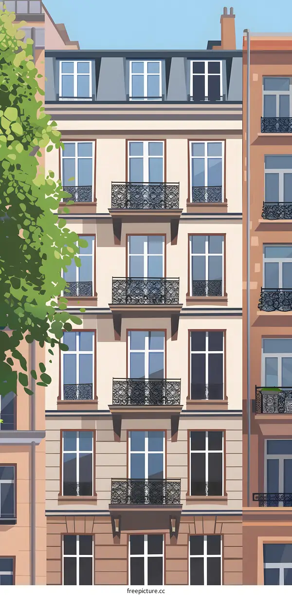 Classic Parisian Building Facade With Balconies And Windows
