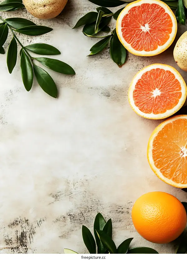 Fresh Orange and Grapefruit with Green Leaves on Beige Background