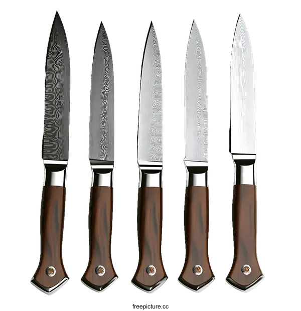 [Transparent Background PNG]Five Exquisitely Crafted Damask Steel Knives