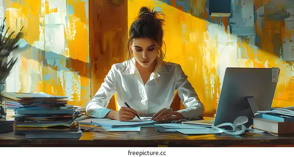 A woman is sitting at a desk writing in a notebook.
