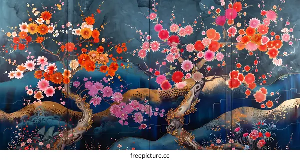 Japanese style painting of cherry blossoms and birds on a blue background