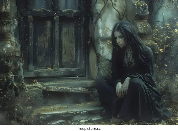 Mysterious Woman in Black Dress Sitting in Front of Old Door
