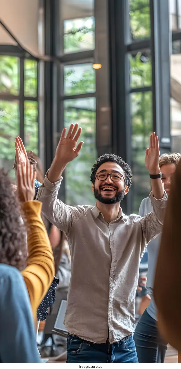 Smiling Man Raises Hands In Celebration With Group Of People