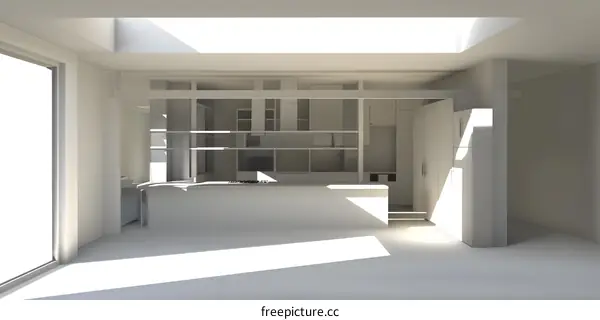 Modern Minimalist Kitchen Design with White Cabinets and Skylight