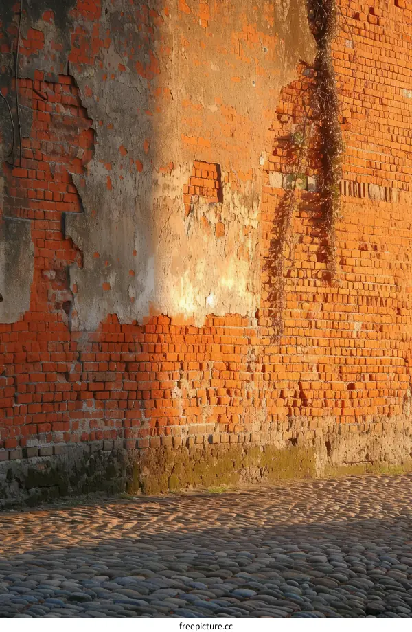 weathered red brick wall with peeling plaster illuminated by sunlight
