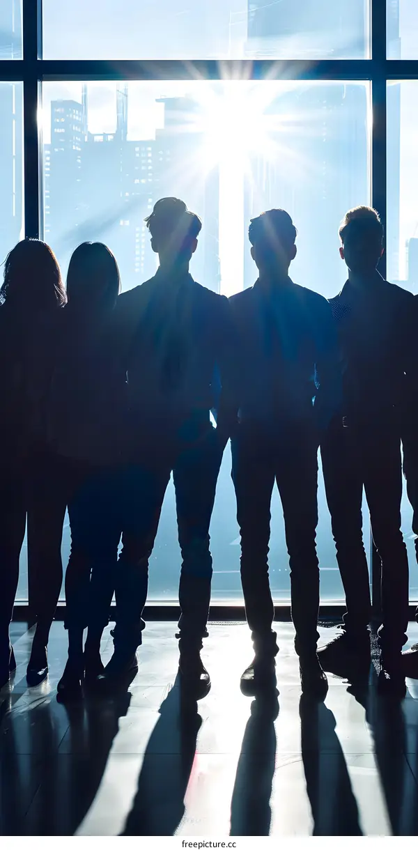 Silhouettes of Business People Standing by a Window in a Modern Office Building