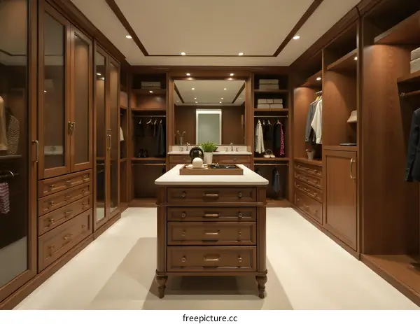 Modern Walk in Closet With Wooden Cabinet Doors And Drawers