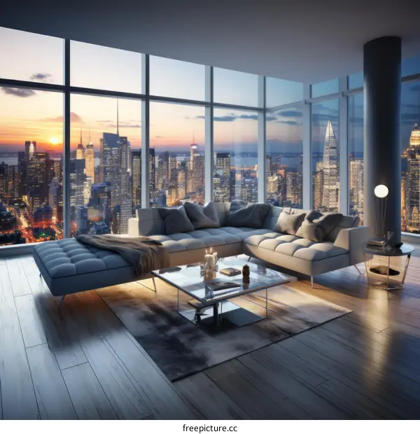 Modern Living Room with Stunning City Sunset View