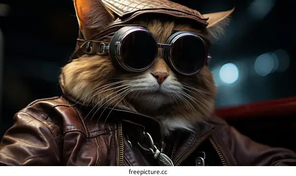 Cat wearing a leather aviator cap and goggles