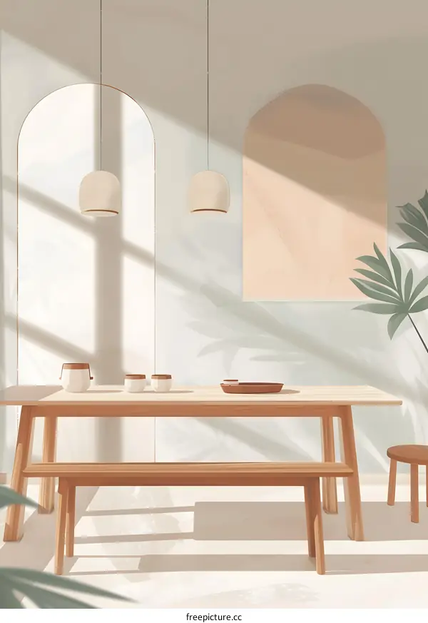 Minimalist Illustration of a Dining Room with Wooden Table and Bench