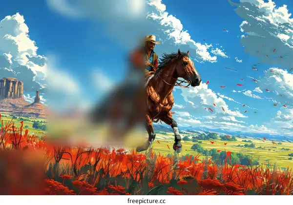Cowboy riding a horse in a field of red flowers