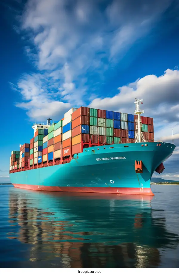 A large container ship is transporting colorful containers across the ocean