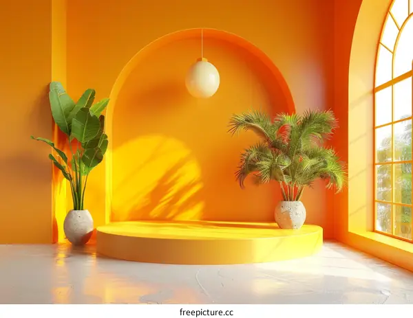 Yellow Minimalist Room with Podium for Product Placement