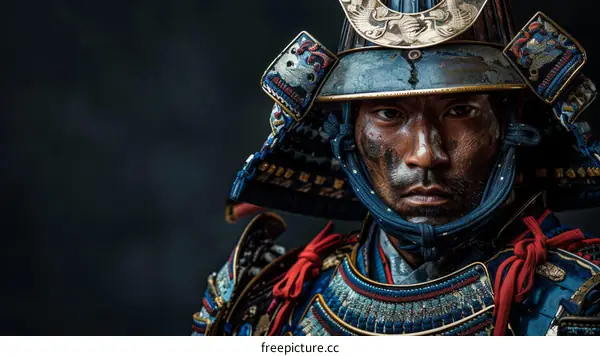 Portrait of a samurai warrior wearing traditional armor and helmet