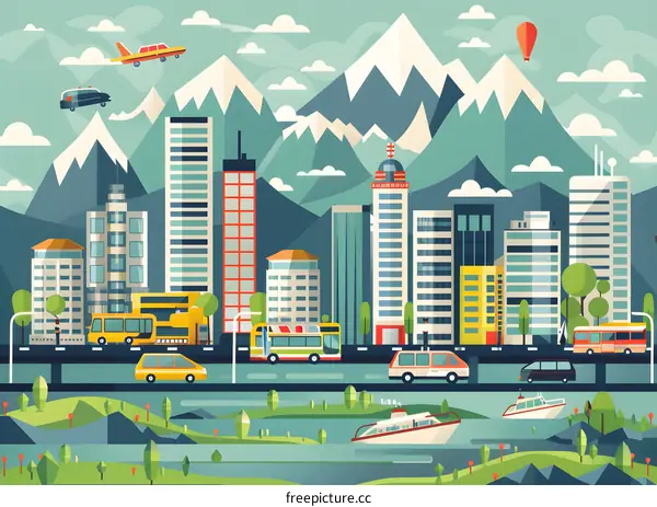Modern Cityscape Illustration with Mountains, Buildings, and Transportation