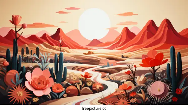 Desert landscape with mountains, flowers and cacti