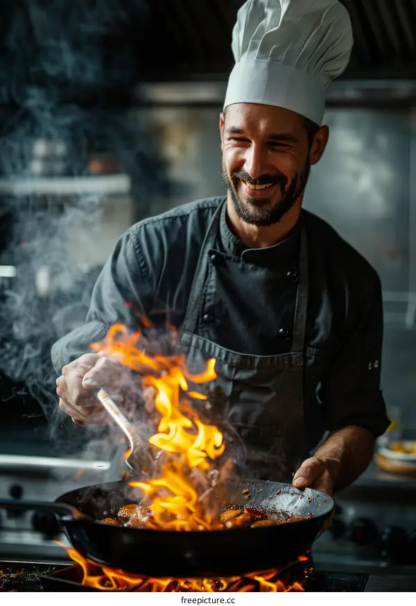 Bearded chef flambéing food in a pan