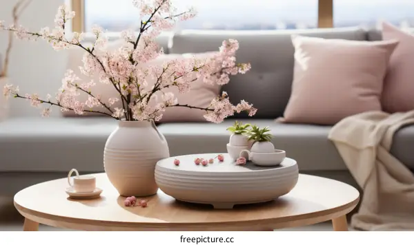 A beautiful living room with a vase of pink flowers on the coffee table