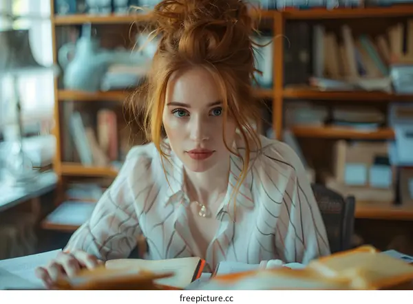 portrait of a beautiful redheaded woman in a library
