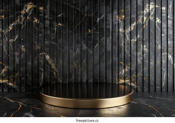 Luxury Black and Gold Podium with Marble Background for Product Presentation