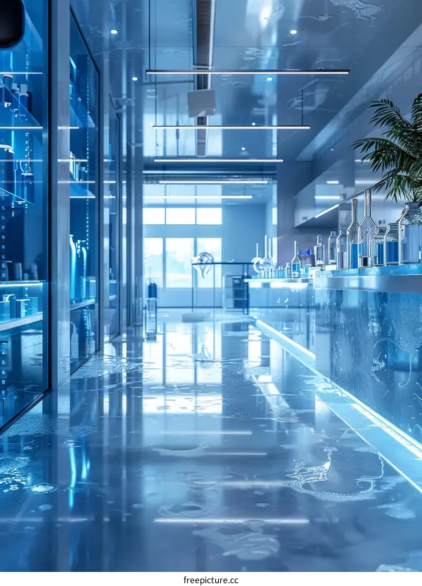 Modern Blue Glassy Laboratory Interior with Blue Glowing Floor
