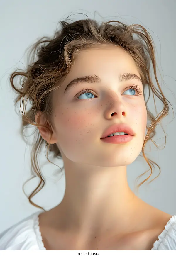Portrait of Young Woman with Curly Hair Looking Up