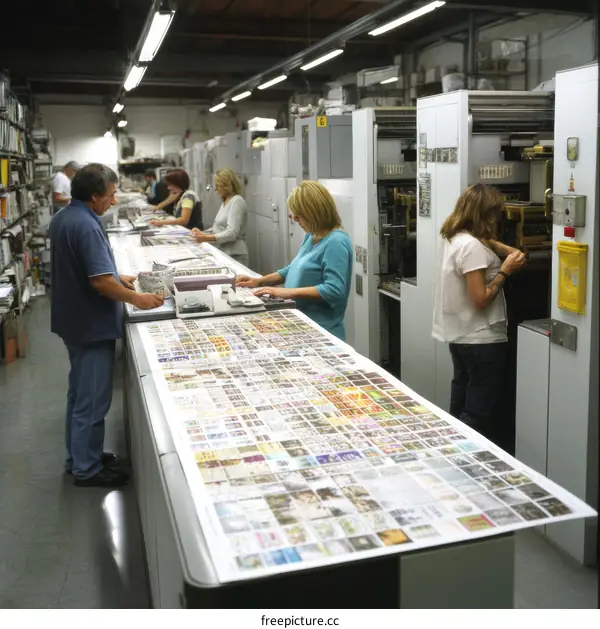 Printing House Workers Inspecting Large Print Sheets