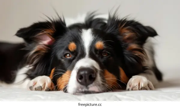 A cute Border Collie dog is lying on a white blanket