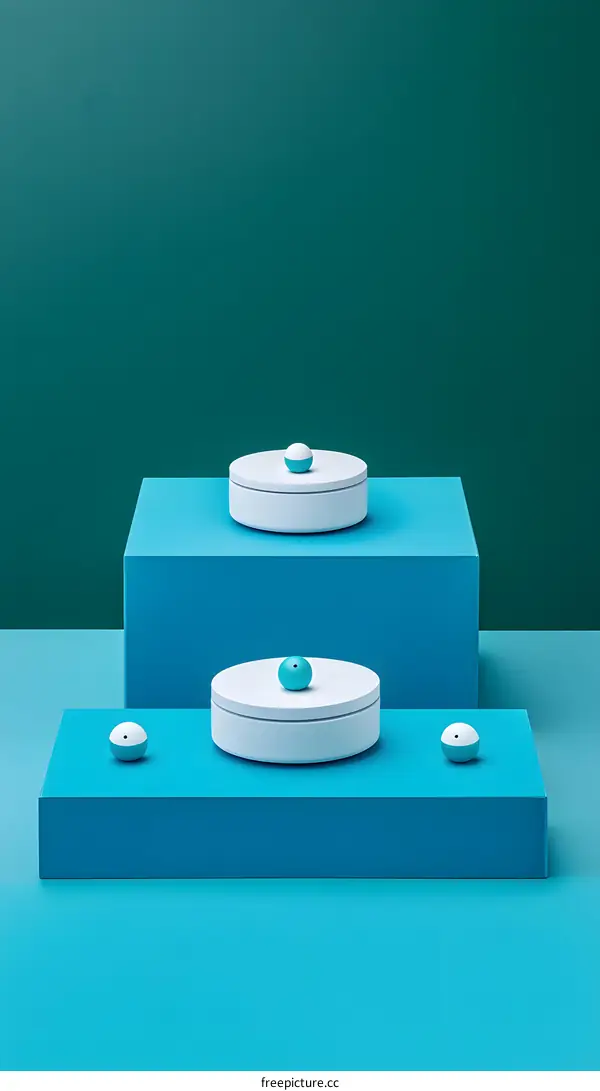 White Round Boxes On Blue Platforms Minimalist 3D Rendering