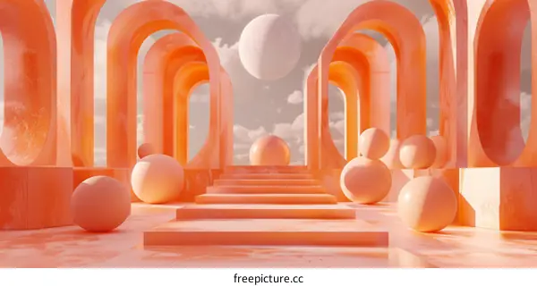 Pink surreal minimal abstract background with arches and spheres