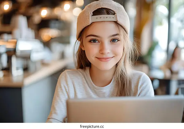 Teenage Girl Working on Laptop in Cafe