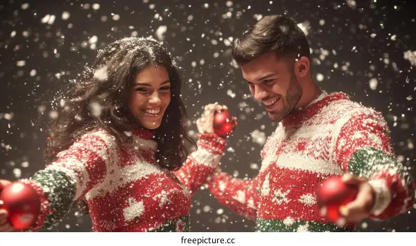 Couple in Christmas Sweaters Enjoying Snowfall
