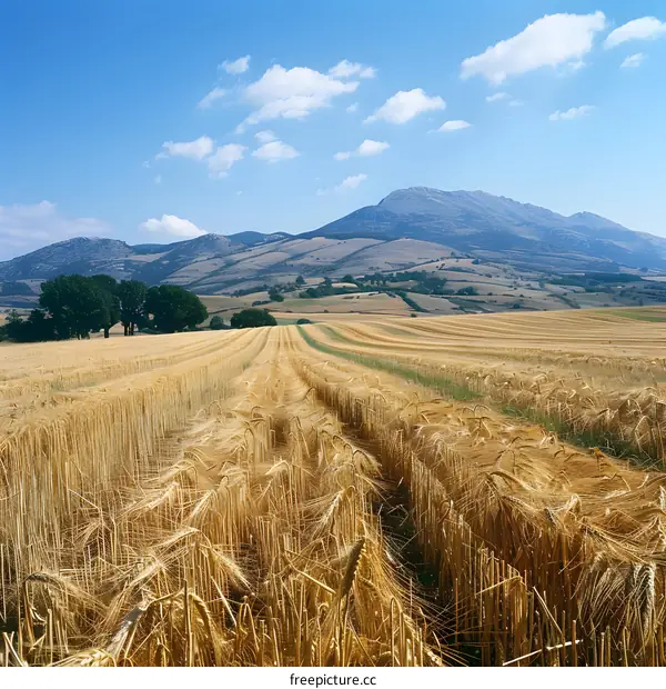 Field of wheat with mountains in the background