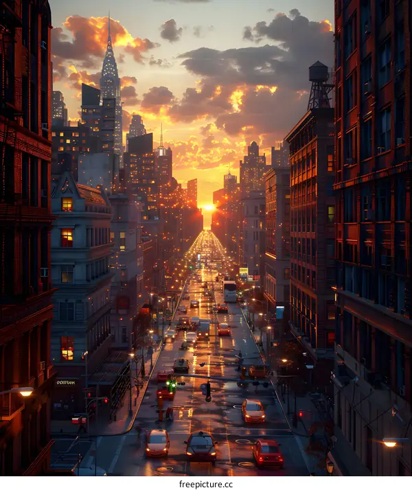 A Wide Street in an Urban City during Sunset